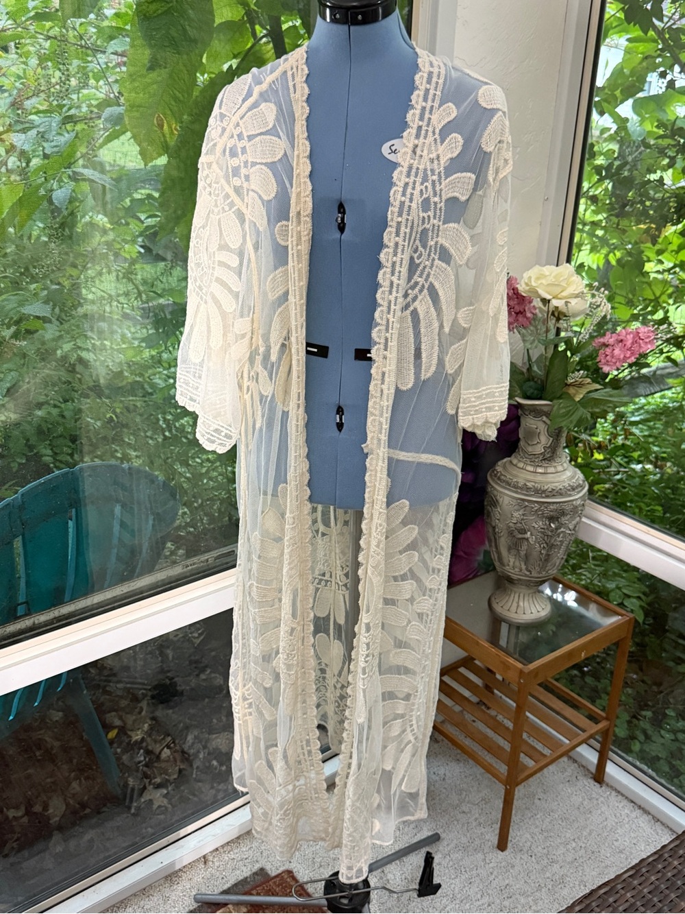 Sheer Embroidered Long Coverup in Cream Lace